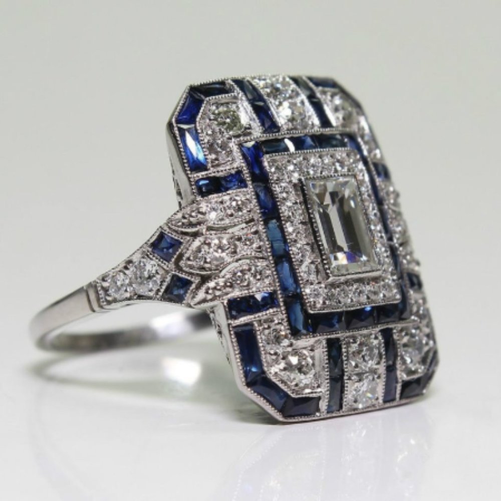 Silver White and Blue Sapphire Statement Ring